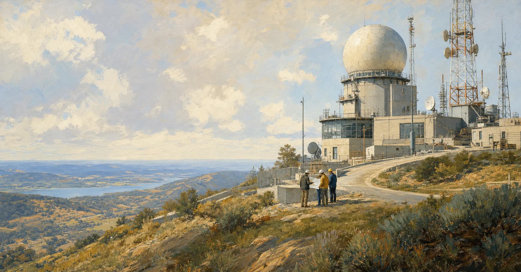 Illustration of a fenced hilltop federal installation with a radar dome, towers, and workers reviewing plans