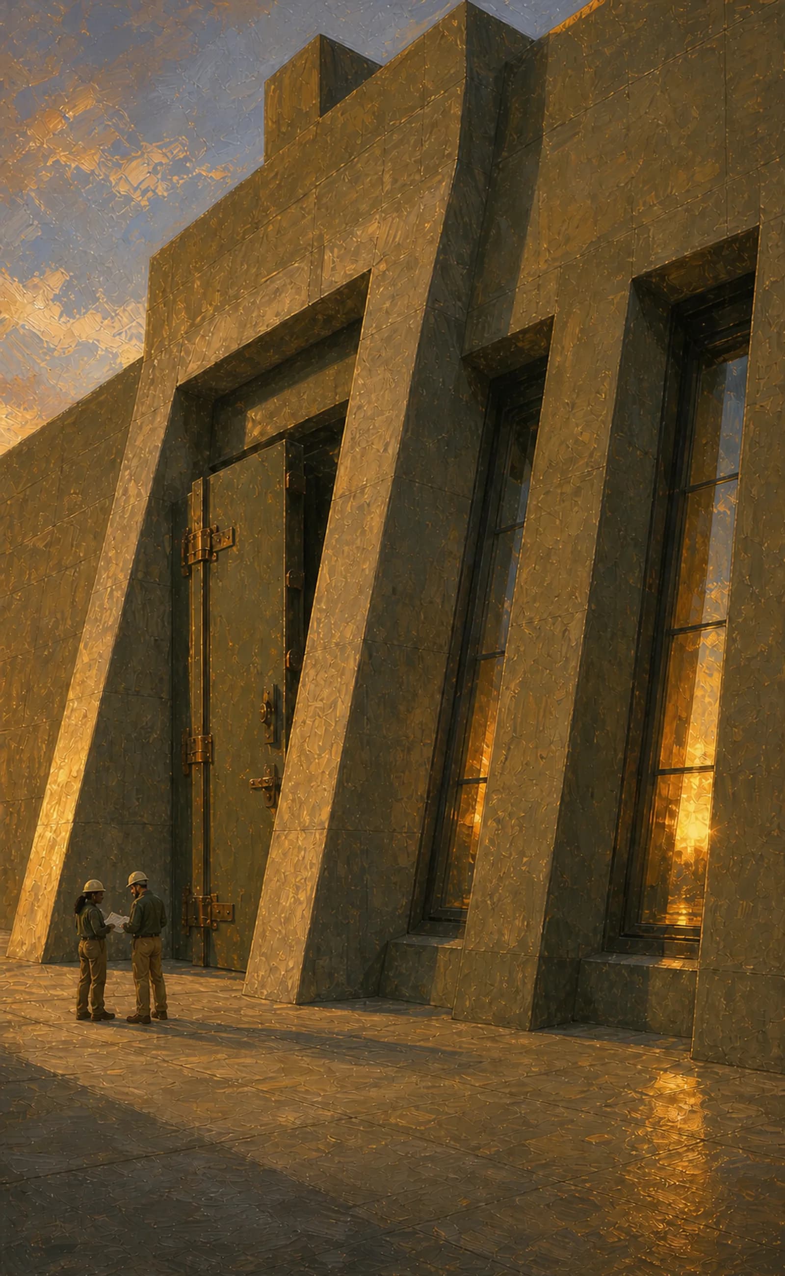 Illustration of a hardened federal building facade with recessed windows and a heavy plate door at sunset