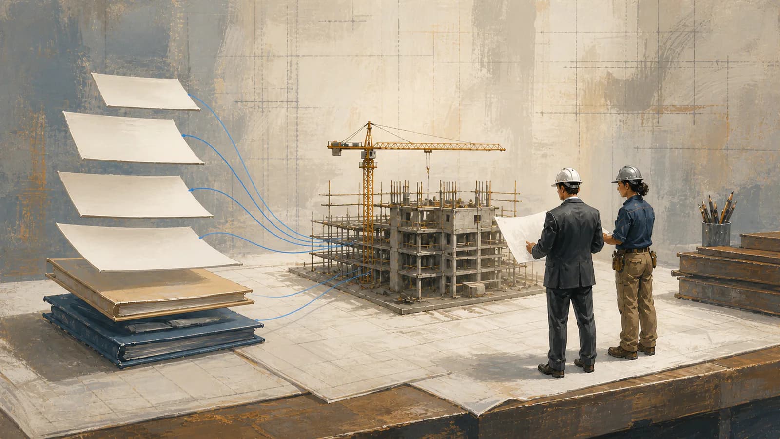 Painterly early-project planning table linking public records, a prime contractor, and a specialist subcontractor