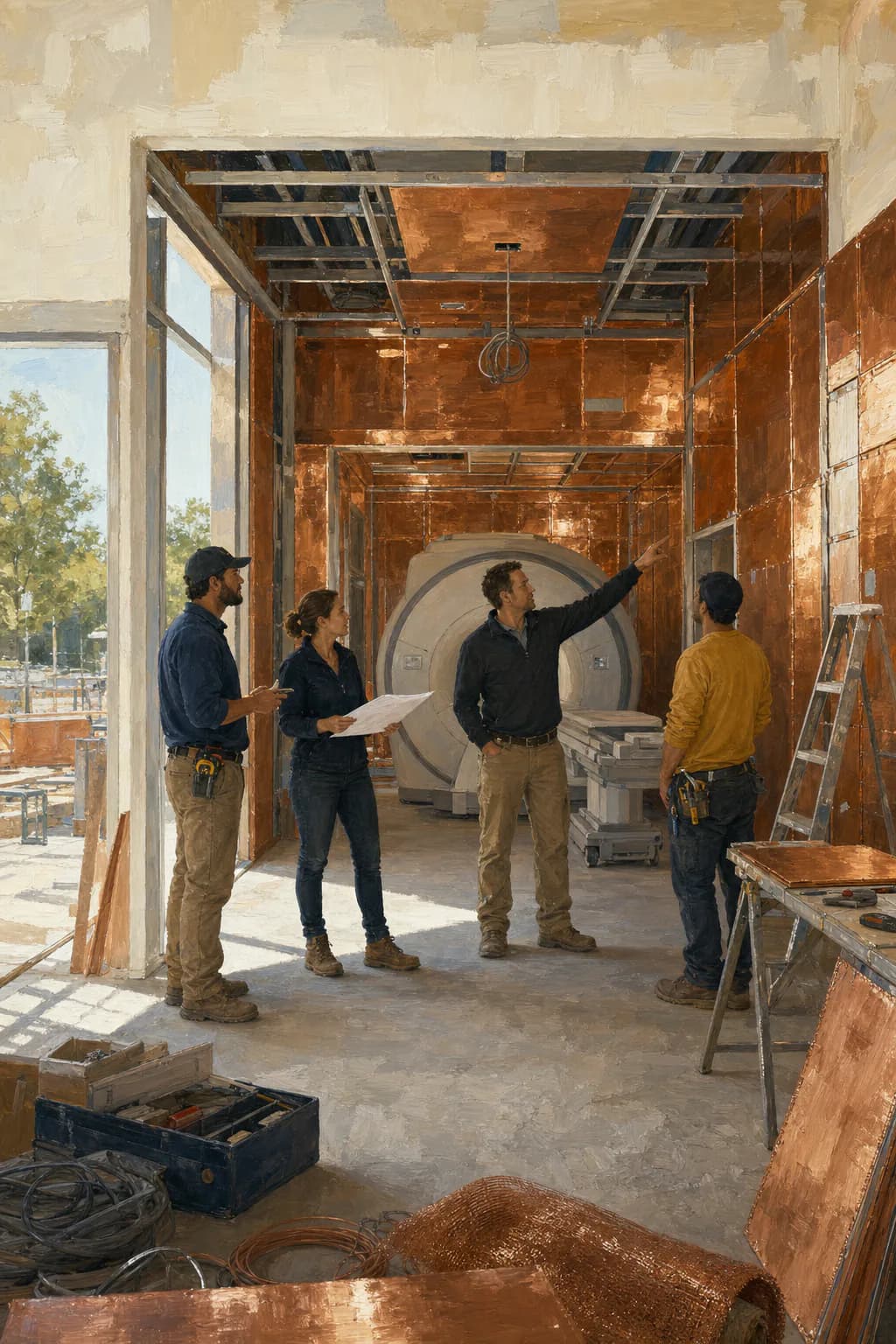 Illustration of a construction crew reviewing plans inside a copper-paneled MRI suite with the scanner in place
