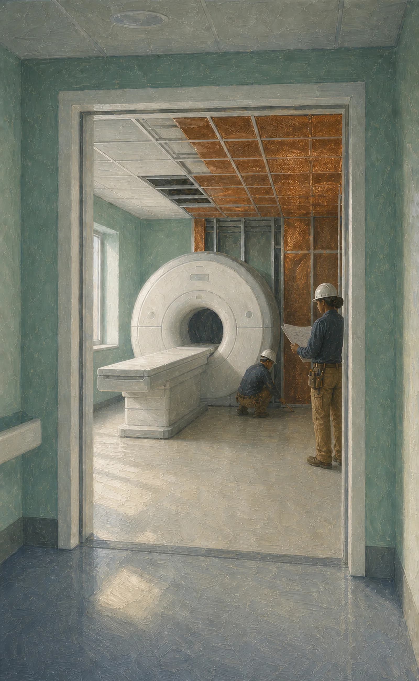 Illustration of an MRI scanner room under construction with exposed copper shielding panels in the ceiling and wall