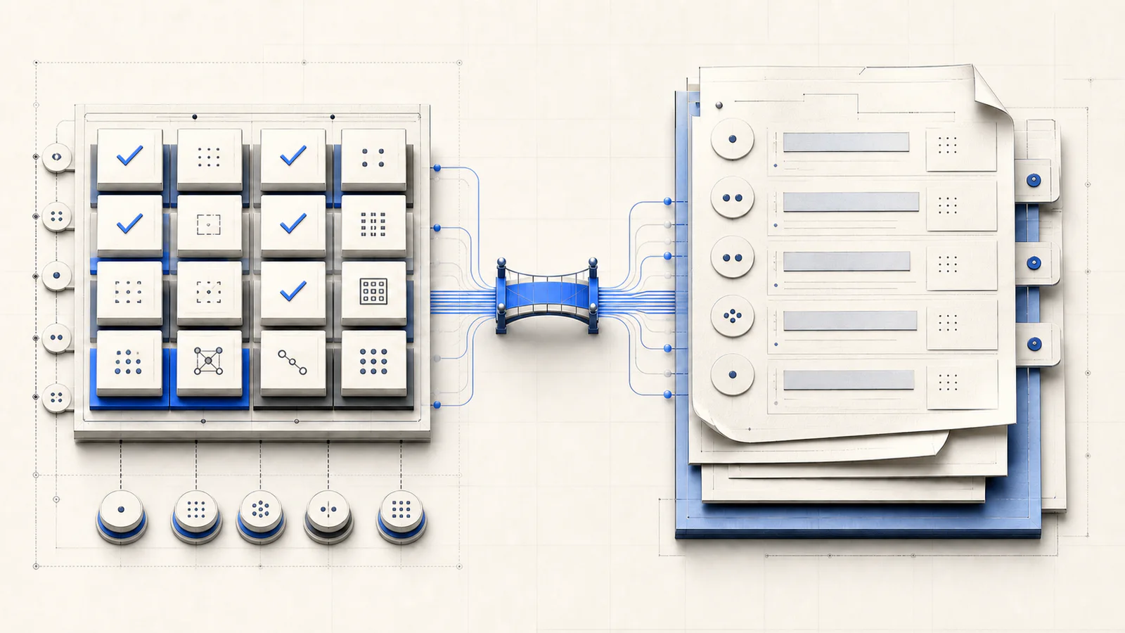 Editorial split view of a cybersecurity controls matrix and a federal contract clause document
