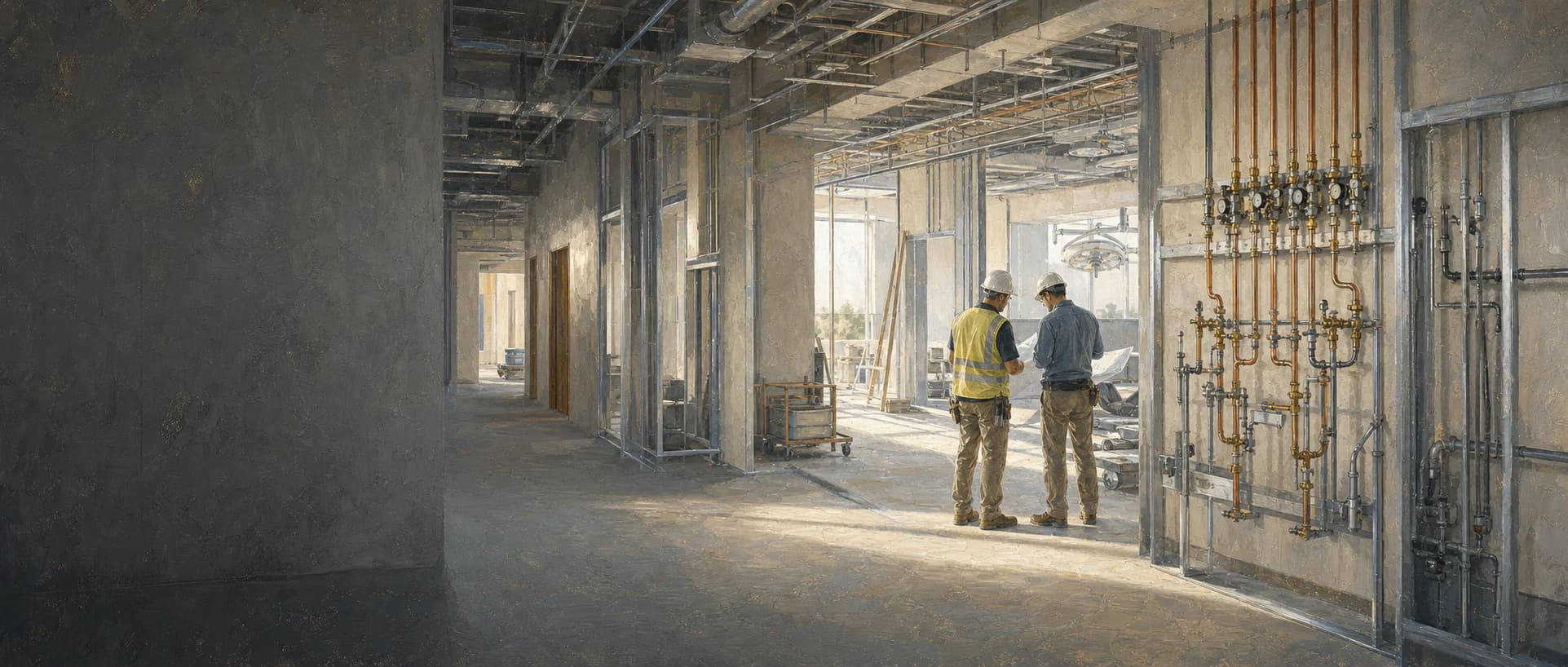 Illustration of a healthcare facility under construction, with exposed structure and two workers reviewing plans
