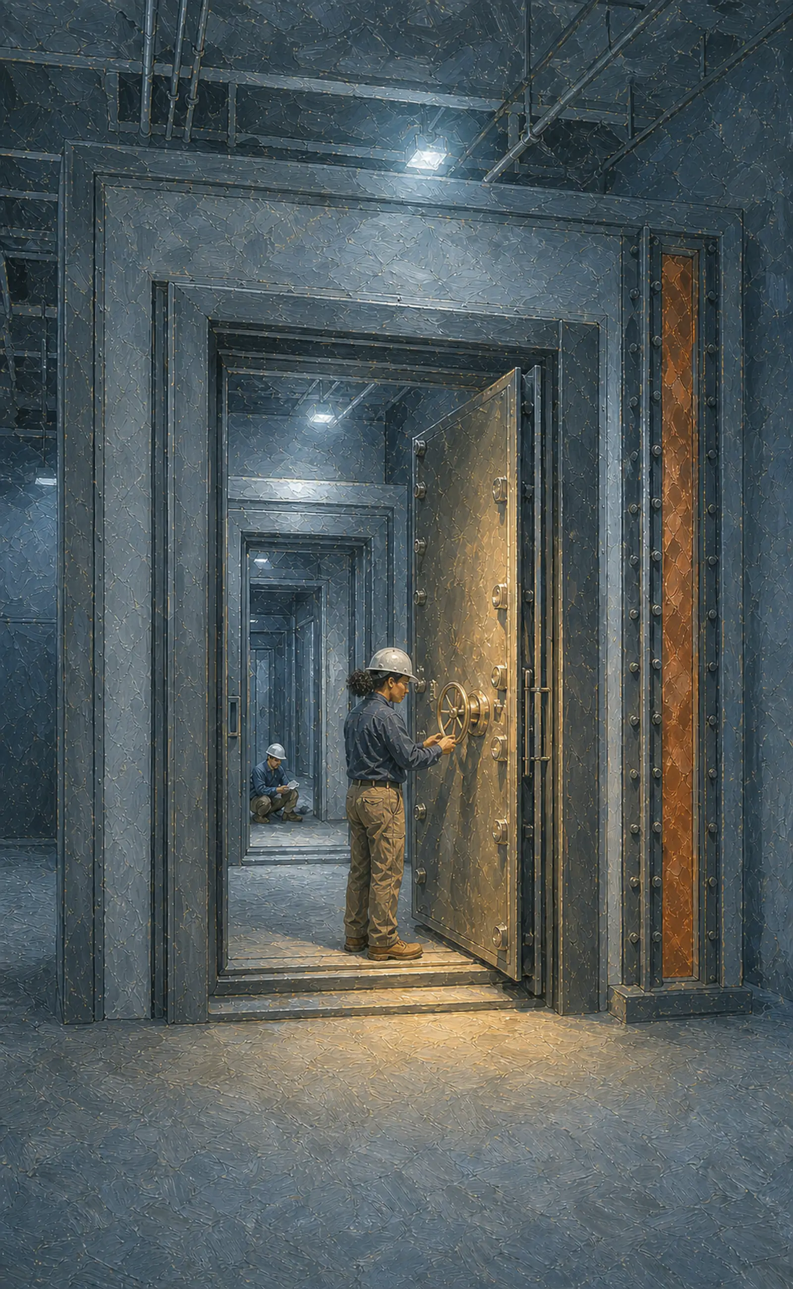 Illustration of a technician operating a heavy shielded vault door in a secure corridor with copper wall panels