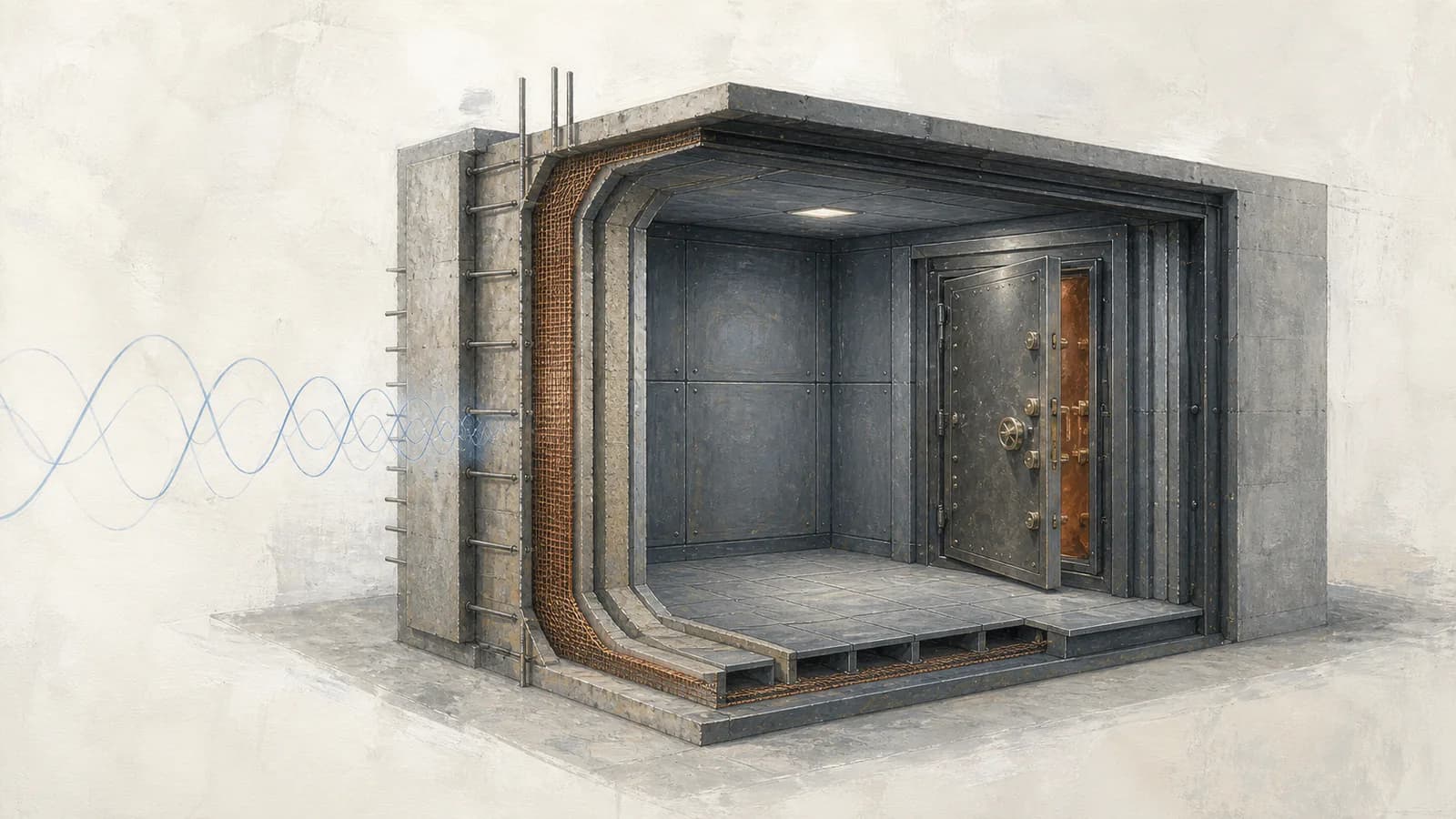 Painterly cutaway of a secure facility with layered shielding and attenuated radio-frequency waves