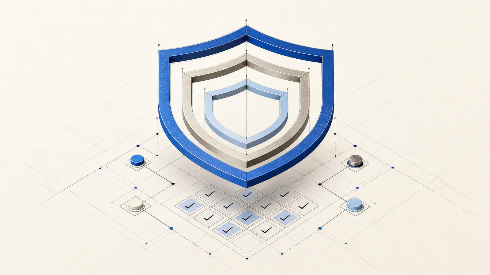 Editorial diagram of three nested cybersecurity layers above a technical compliance checklist