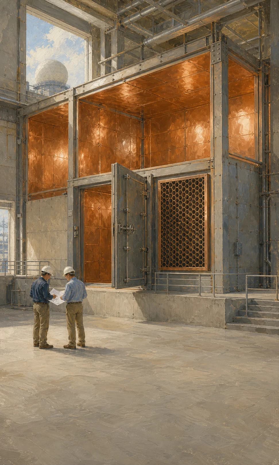 Illustration of two contractors reviewing plans in front of a copper-lined shielded enclosure under construction