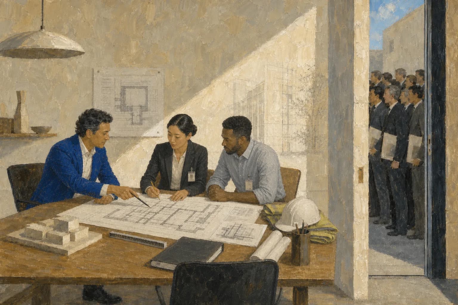 Illustration of a preconstruction team reviewing floor plans while contractors wait outside the door