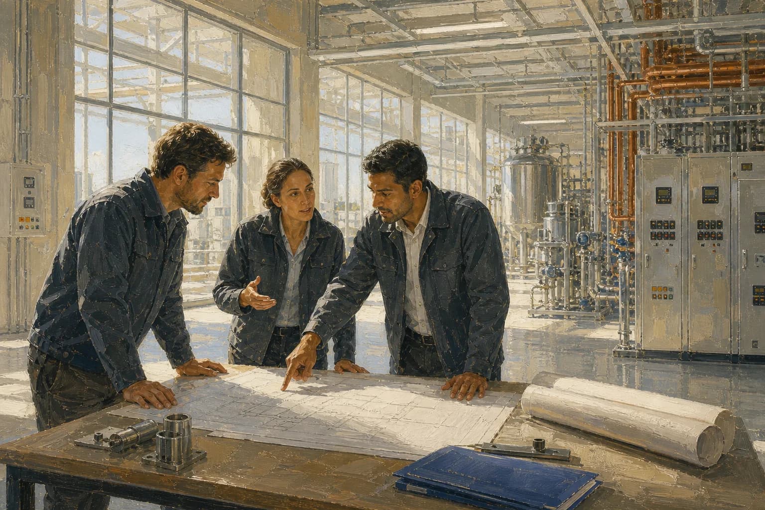 Three industrial specialists discussing architectural plans inside a bright advanced facility