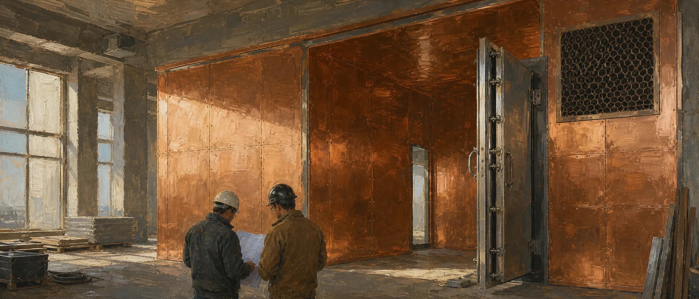 Painterly interior of an RF shielding enclosure under construction with copper panels and two specialists reviewing plans