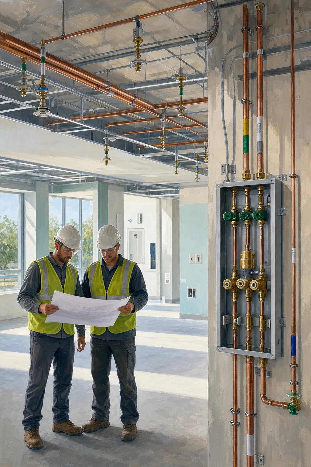 Medical-gas contractors reviewing plans beside hospital piping rough-in