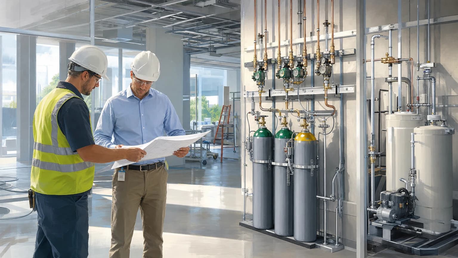 Facilities engineer and medical-gas installer reviewing source and distribution infrastructure