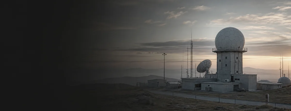 Secure radar mission-control facility at dawn